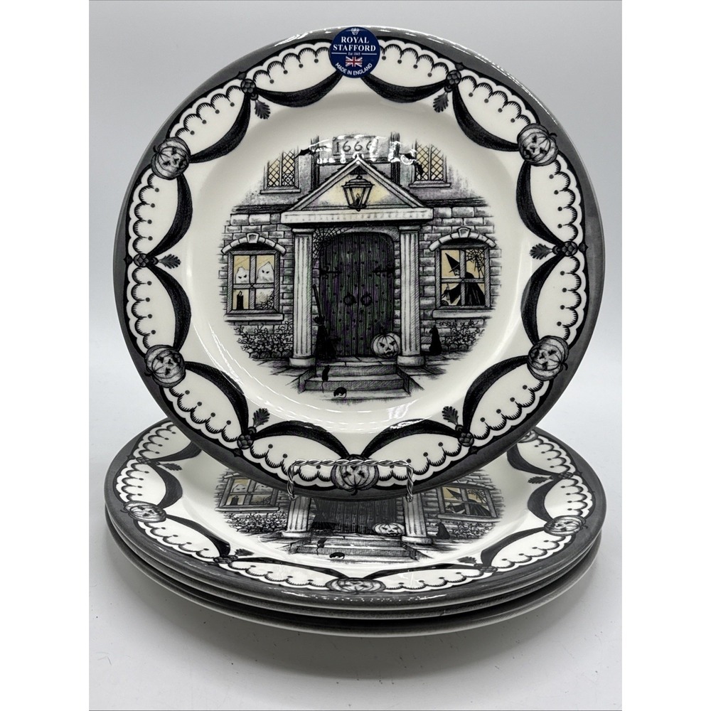 Royal Stafford England Halloween Haunted Homeβ Jack O'Lantern Dinner Plates 4